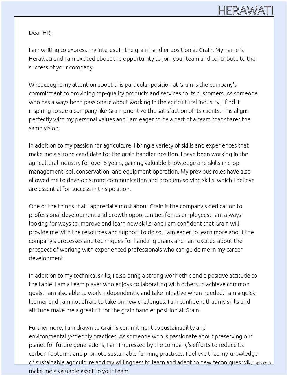 grain handler At Grain Cover Letter