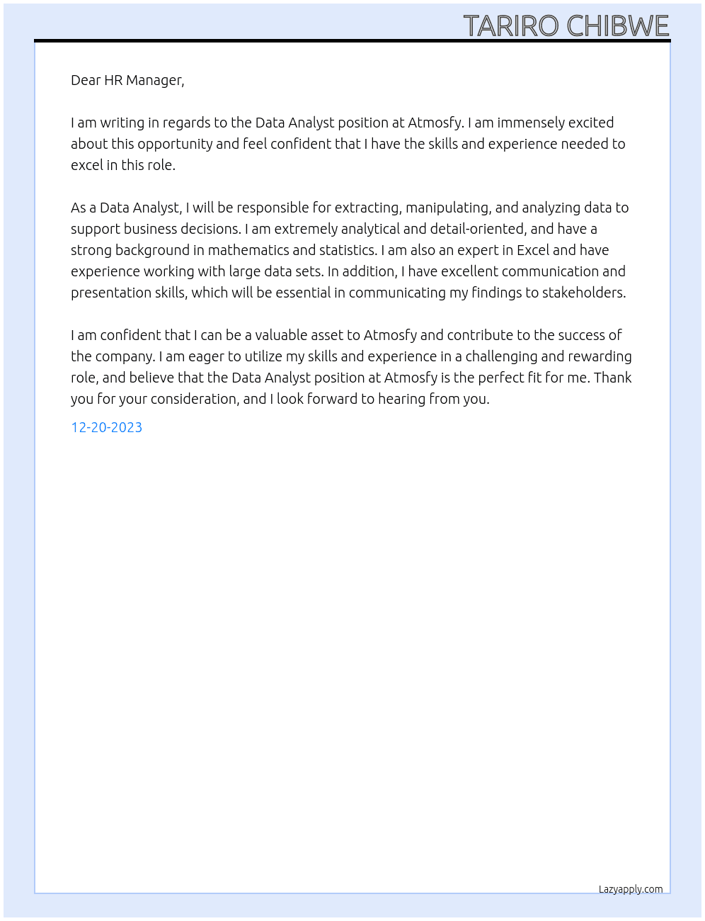 Data analyst At Atmosfy Cover Letter