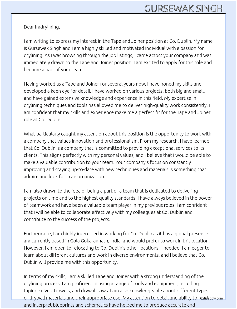 Cover letter for tape and joiner - LazyApply