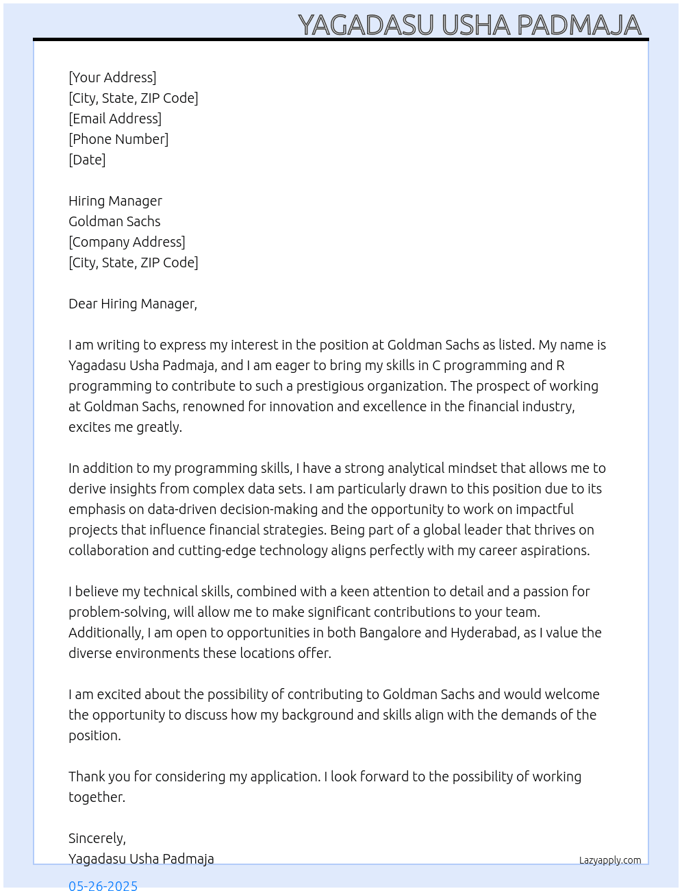 Goldman sachs At Goldman sachs  Cover Letter
