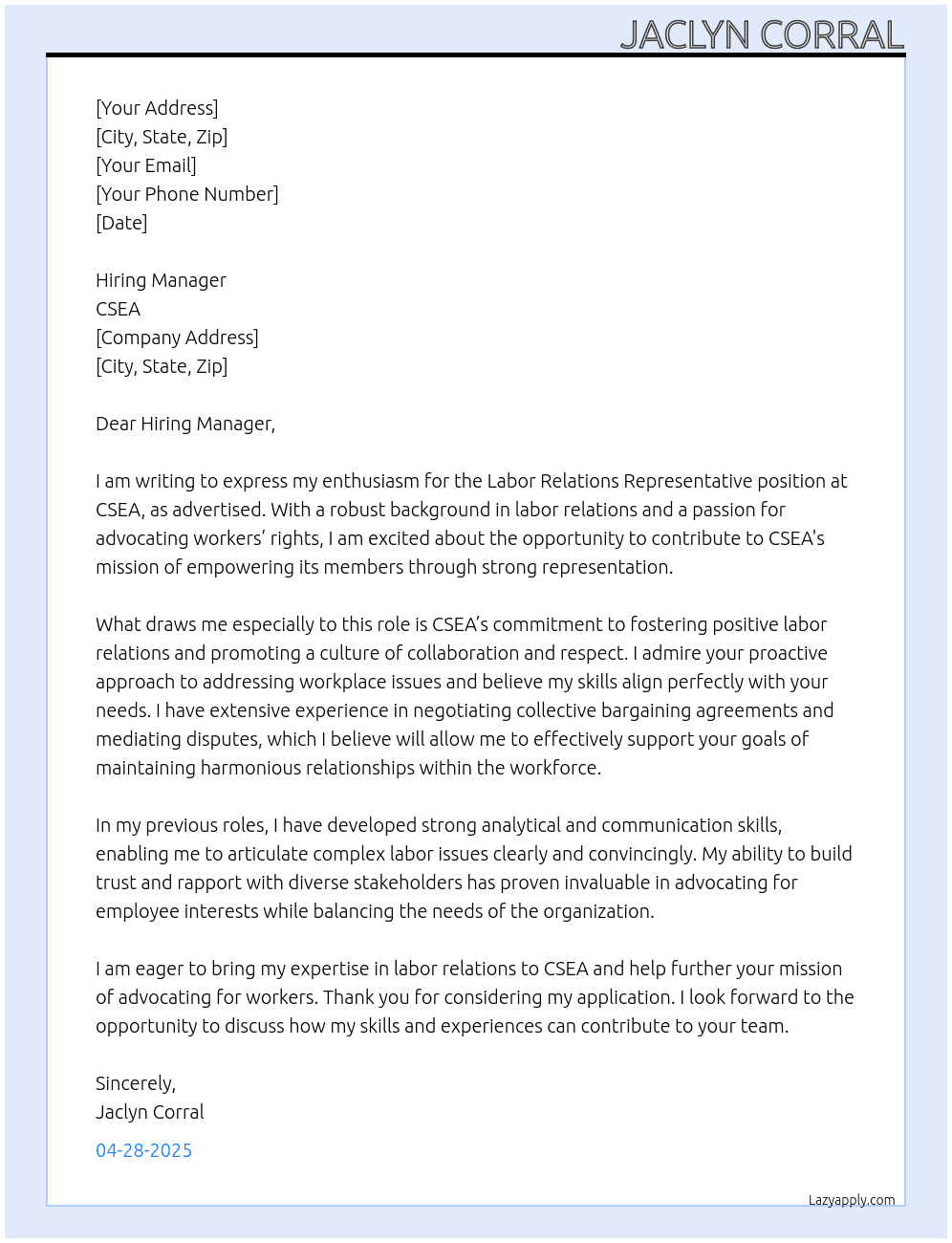 Labor Relations Representative  At CSEA Cover Letter