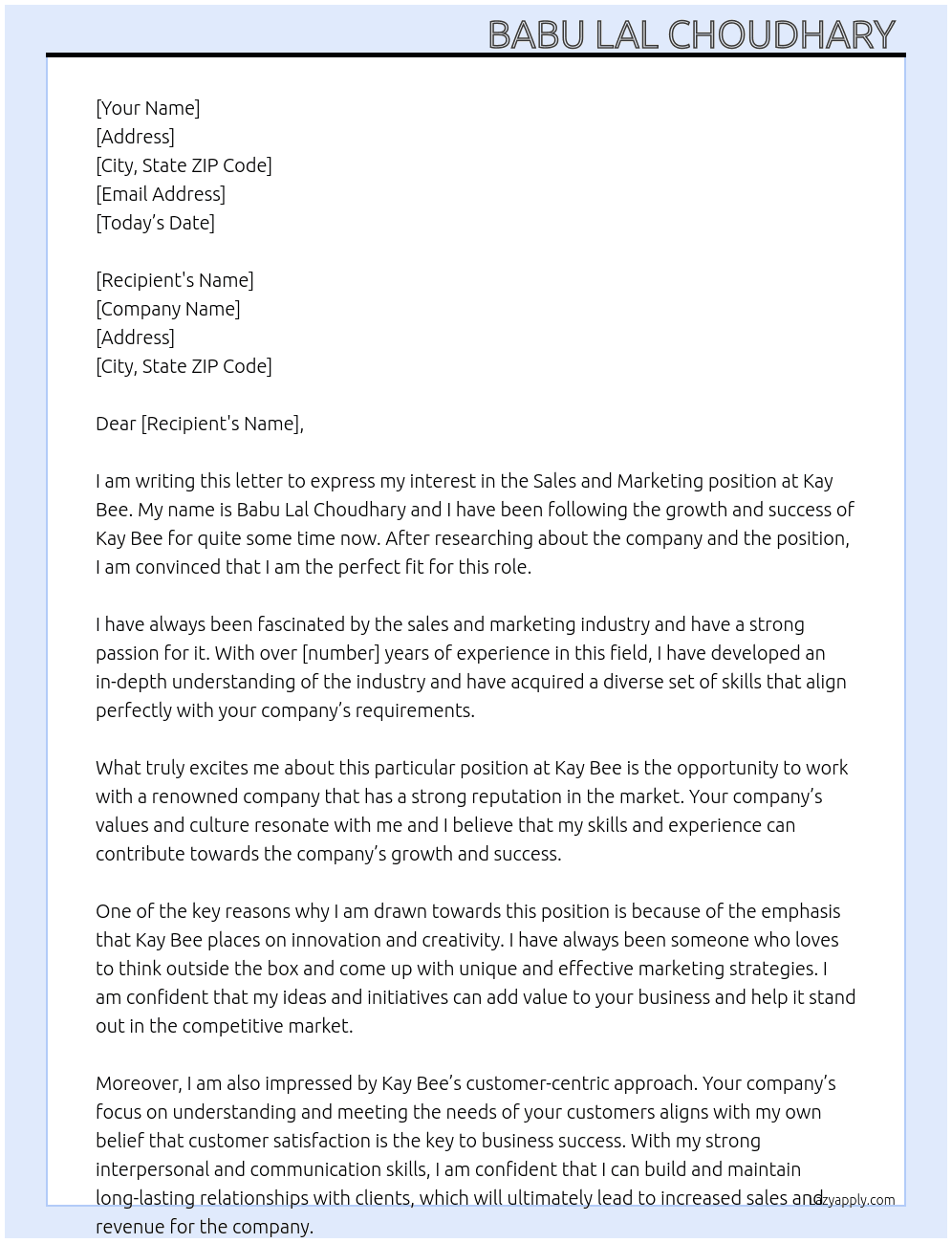 Sales and marketing  At Kay bee Cover Letter
