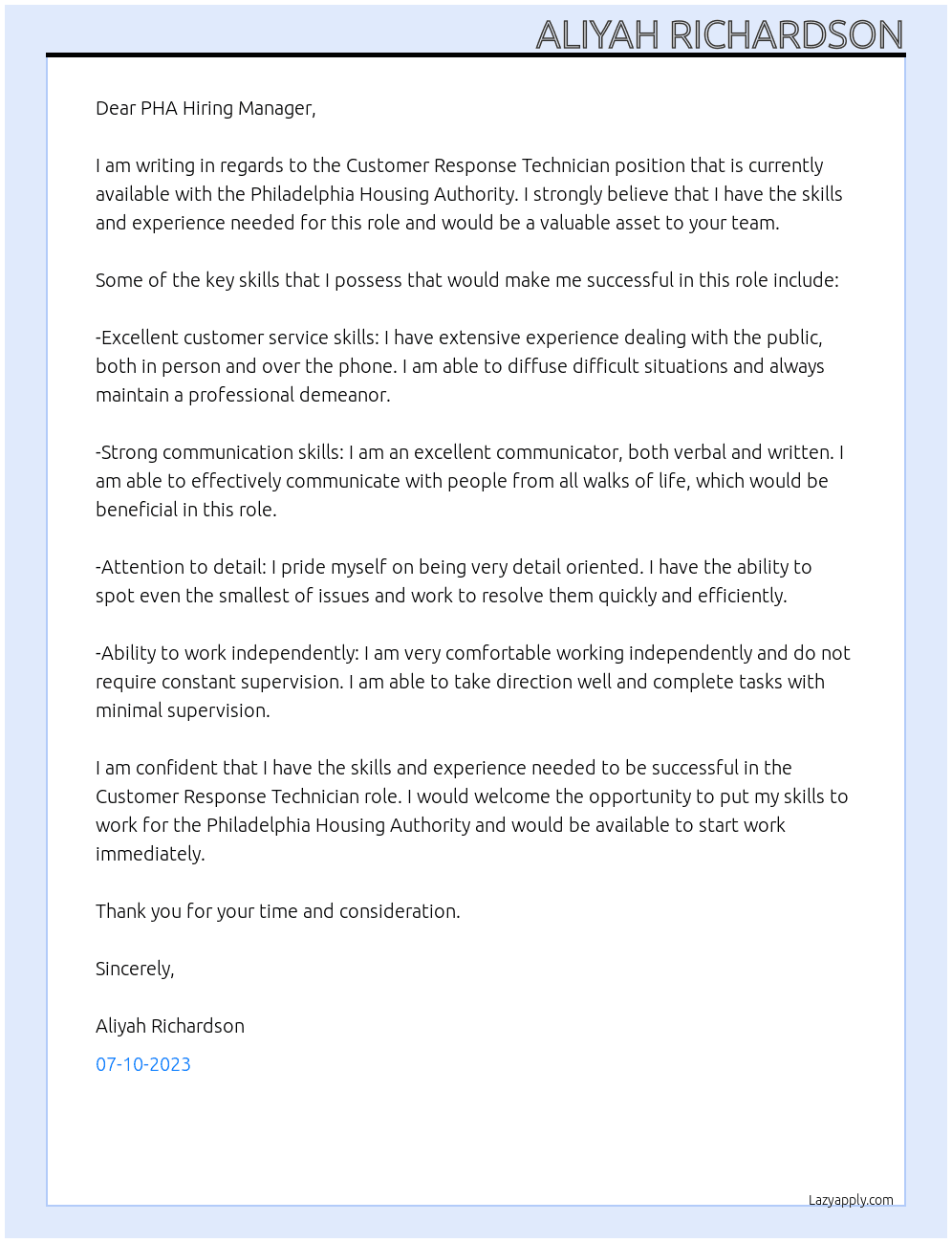 Customer Response Technician At Philadelphia Housing Authority  Cover Letter