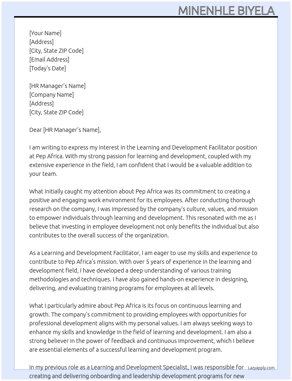 Learning and development facilitator  At Pep Africa Cover Letter