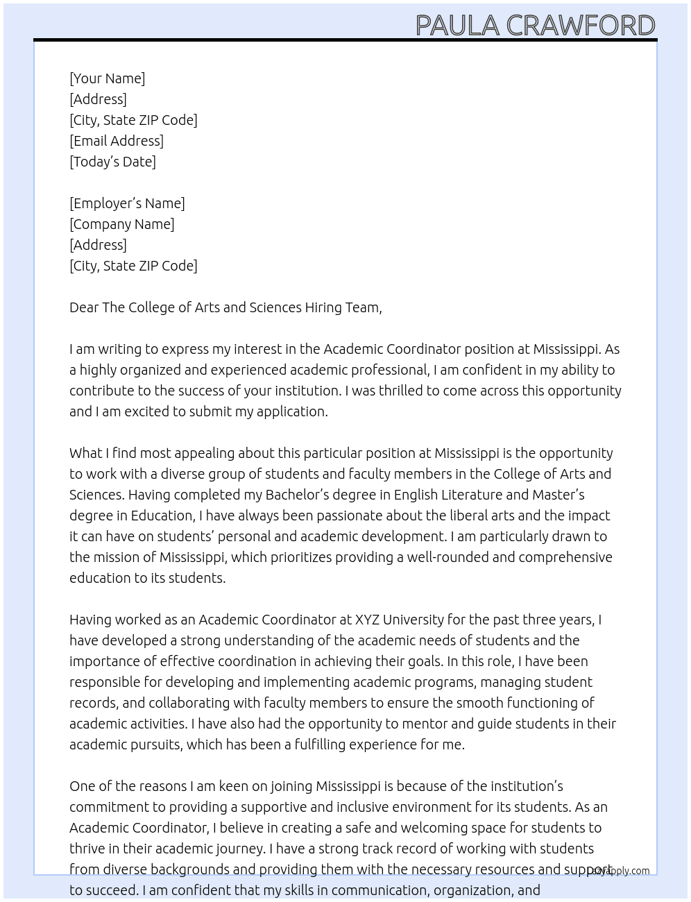 Academic coordinator At Mississippi Cover Letter