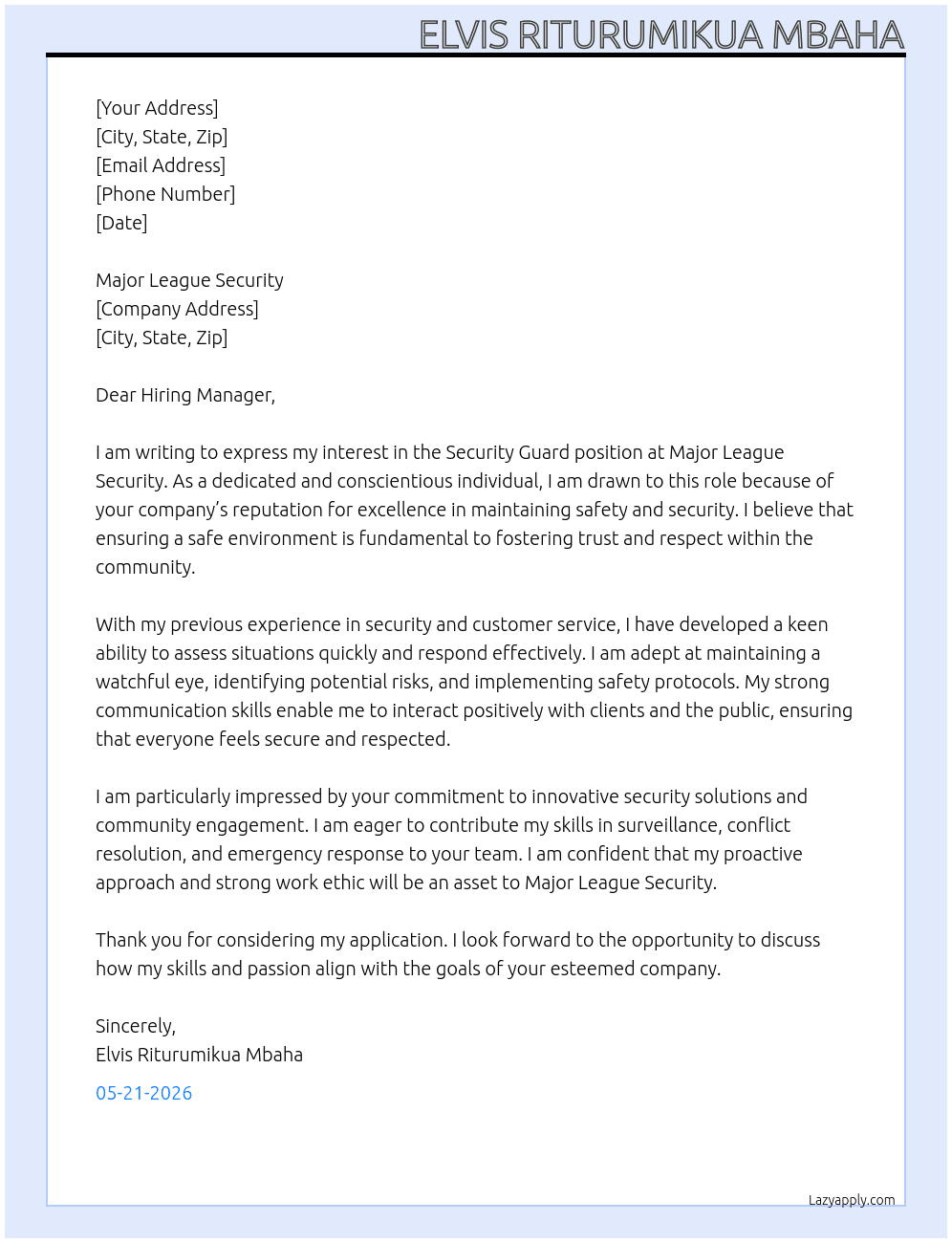 Security Guard At Elvis Riturumikua Mbaha Cover Letter