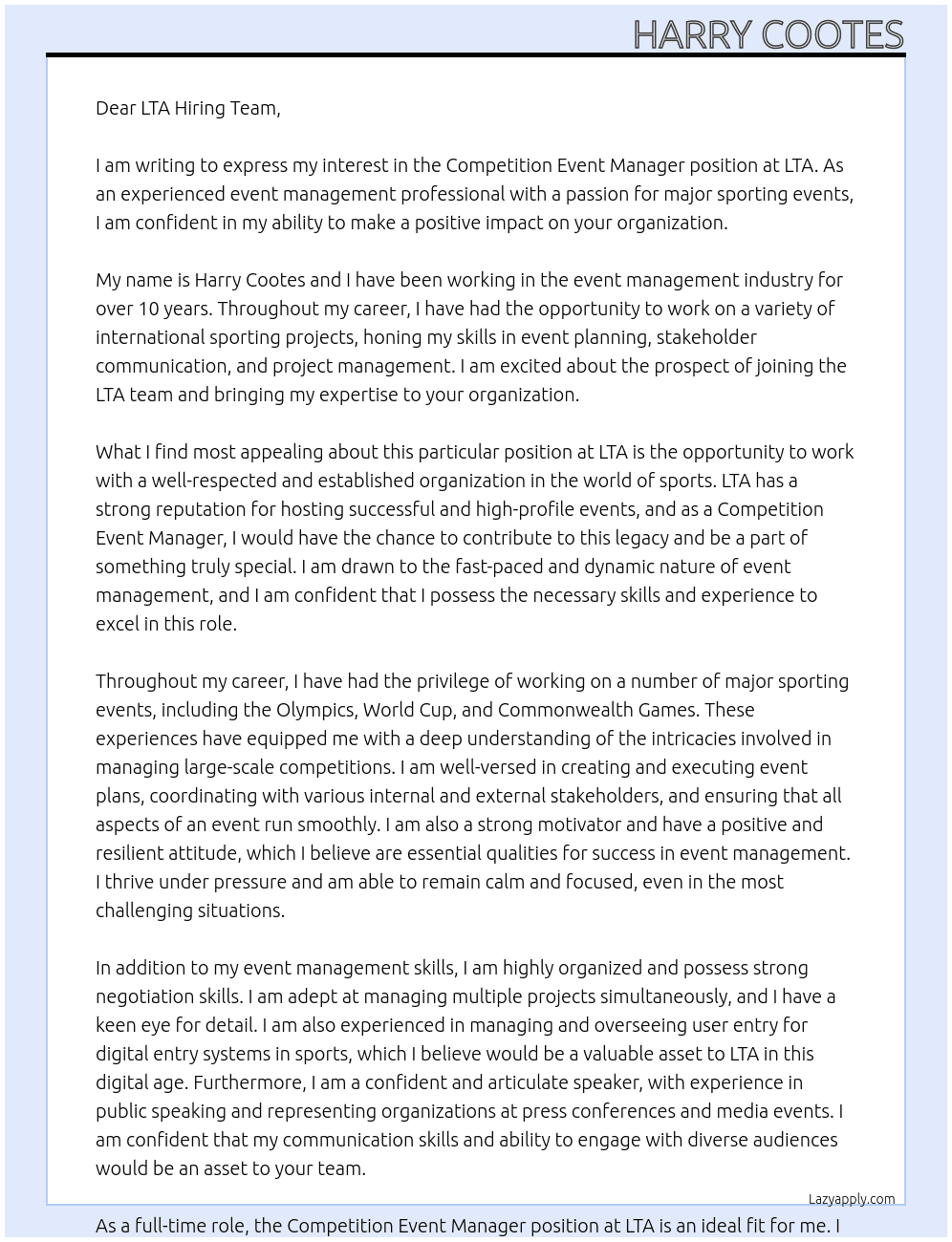 Cover letter for competition event manager - LazyApply