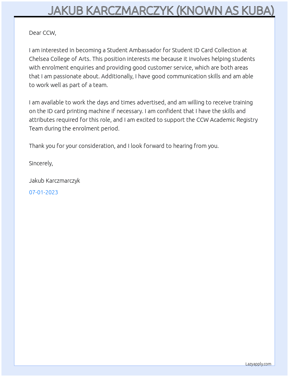 Student Ambassadors – Student ID Card Collection At CCW Cover Letter