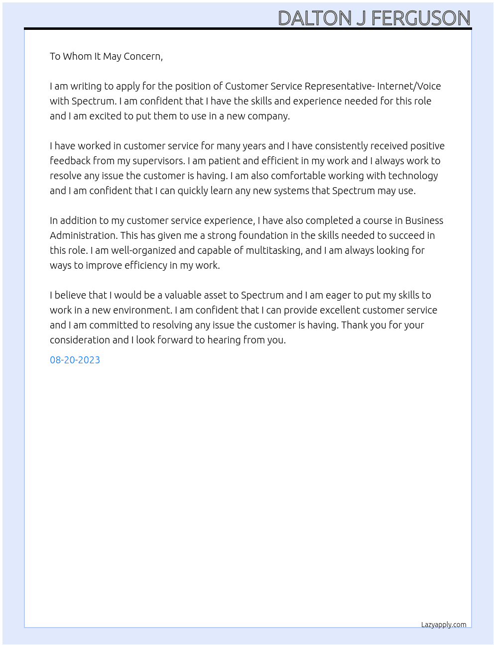 Customer Service Representative- Internet/Voice At spectrum Cover Letter
