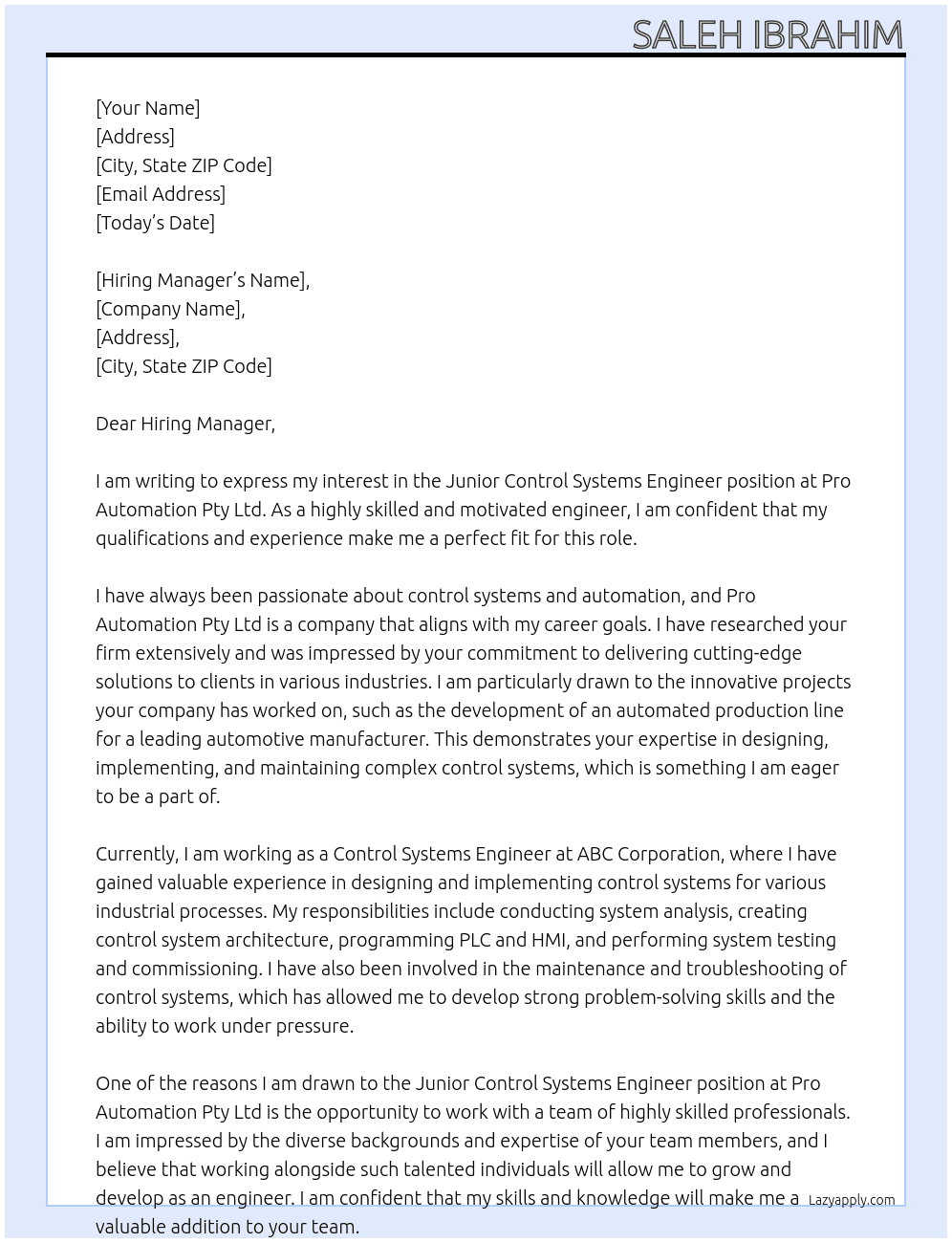 Junior Control Systems Engineer At Pro Automation Pty Ltd Cover Letter