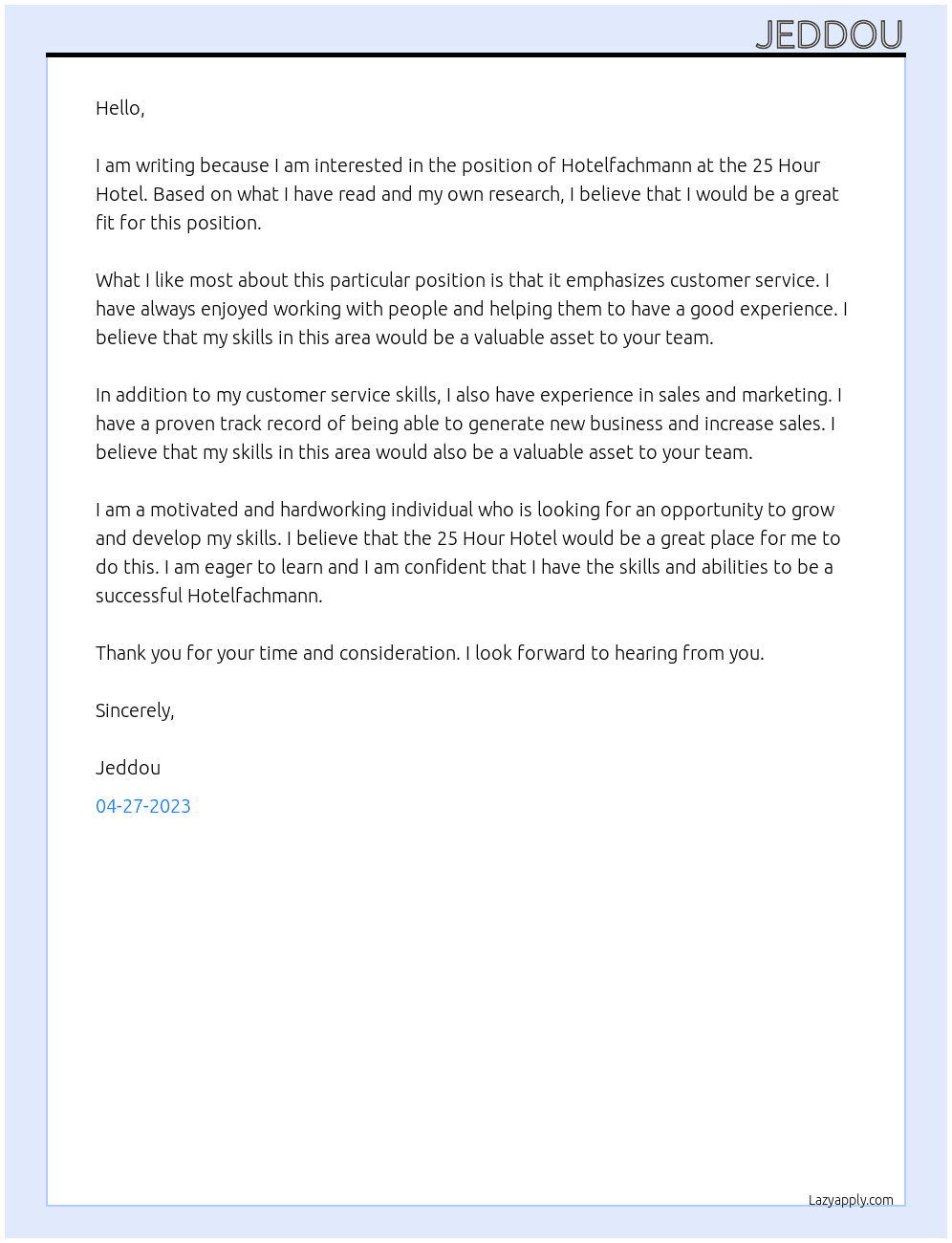 Hotelfachmann At 25 Hour Hotel Cover Letter