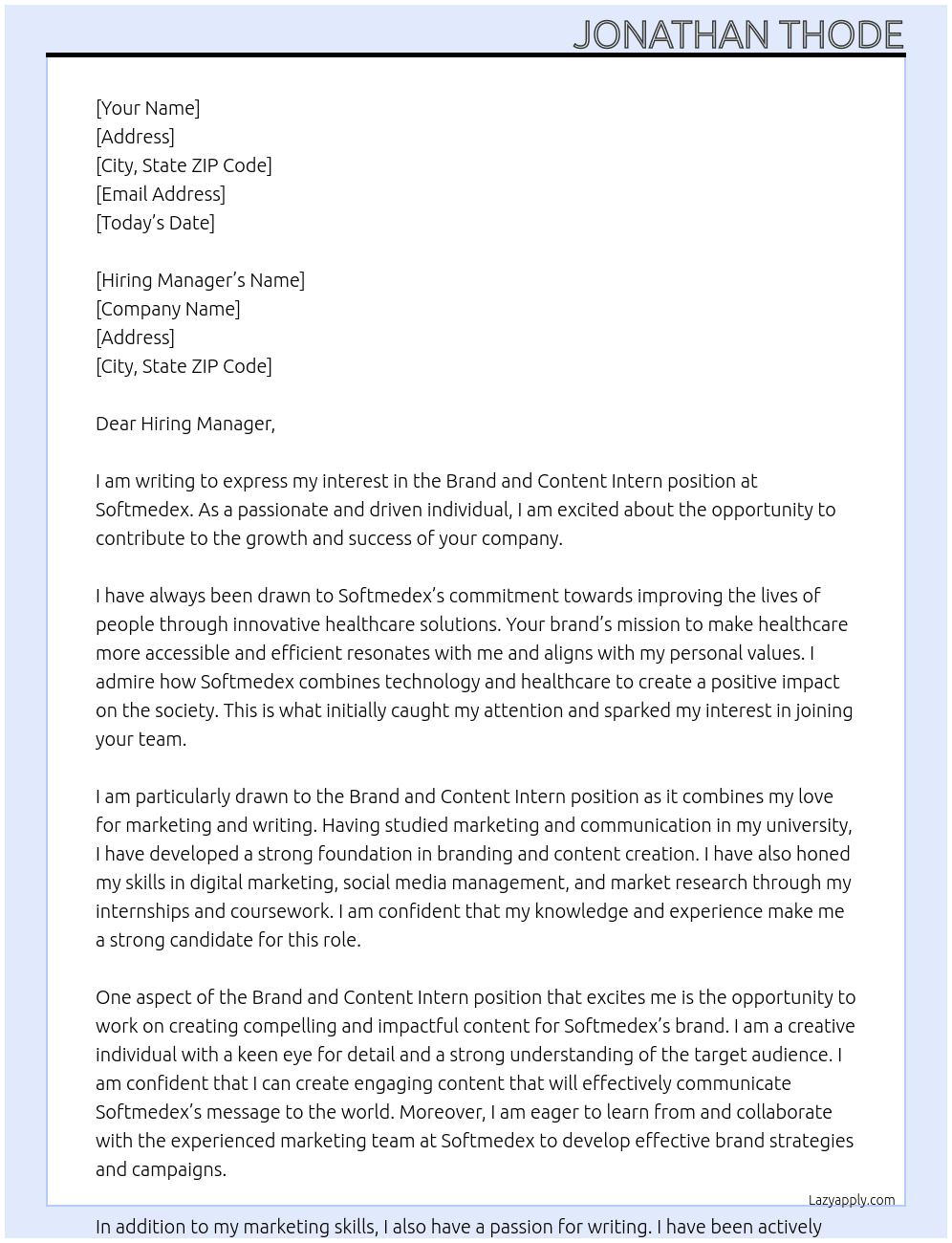 Brand and content intern At Softmedex Cover Letter