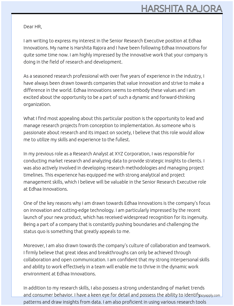 senior research executive At edhaa innovations Cover Letter