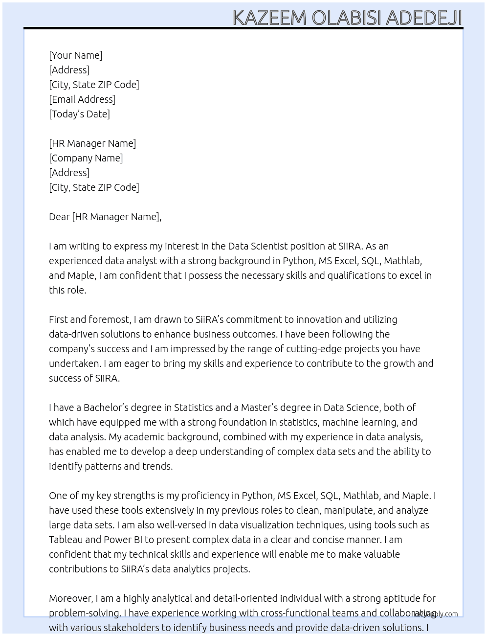 data Scientist At SiiRA Cover Letter