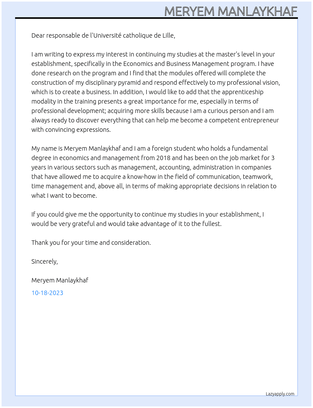 s'inscrire à une formation At  responsable de l'université catholique de lile Cover Letter