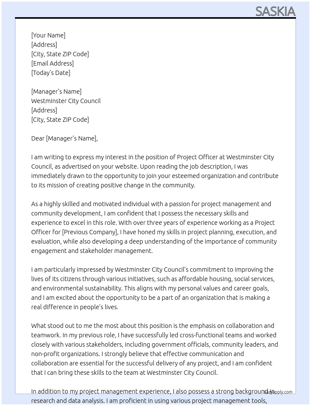 project officer At Westminster City Council Cover Letter