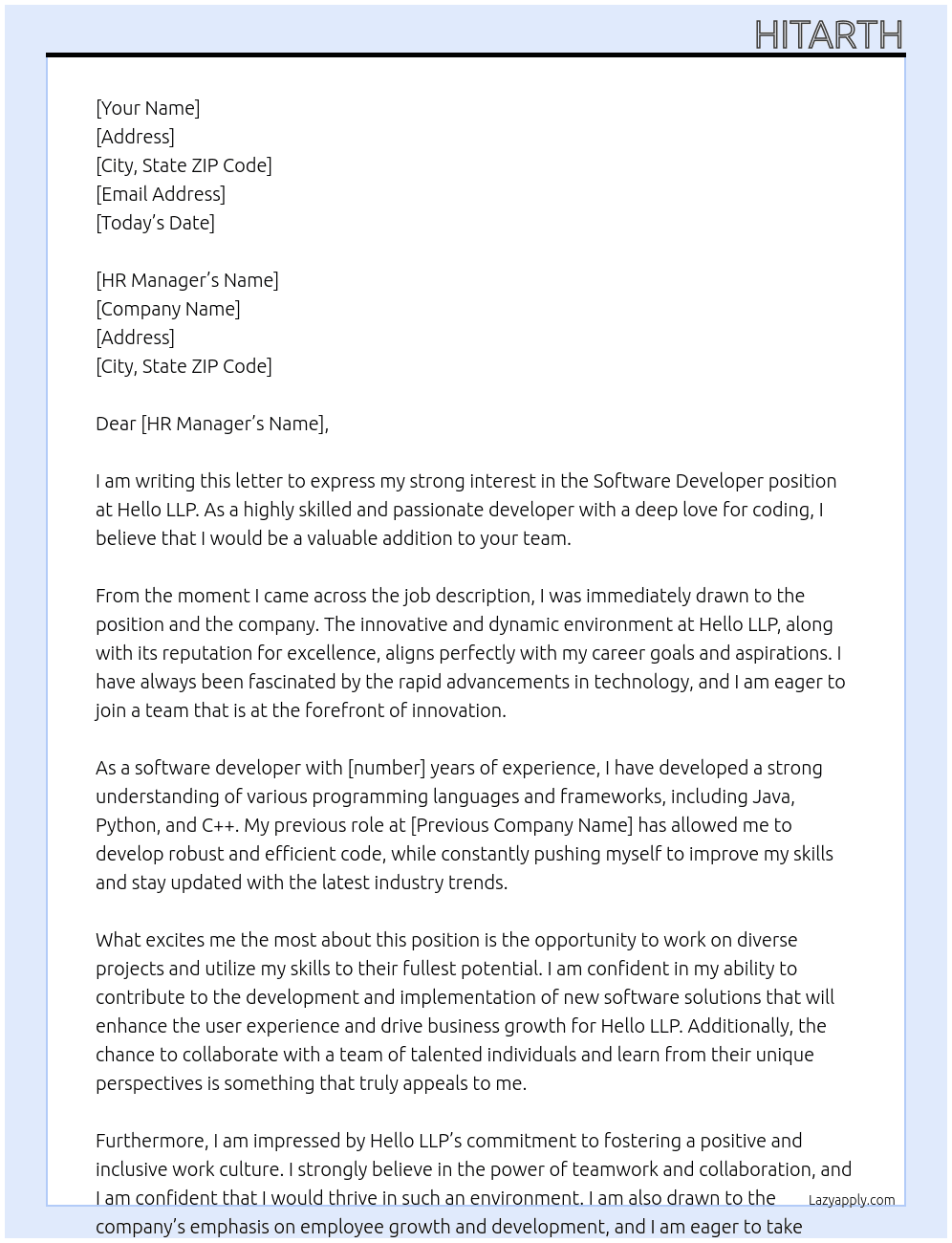 software developer At hello llp Cover Letter