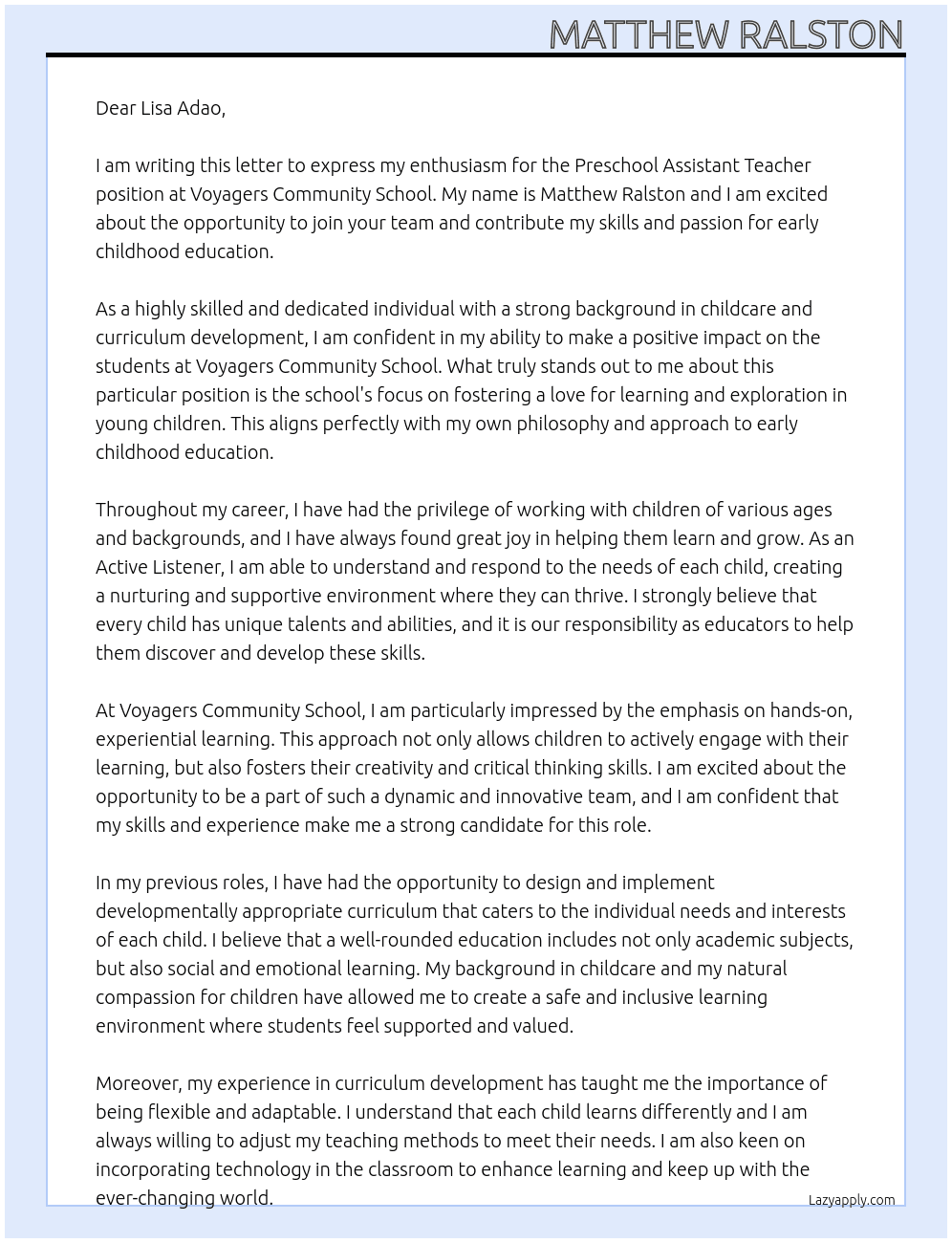 Preschool Assistant Teacher  At Voyagers Community School Cover Letter