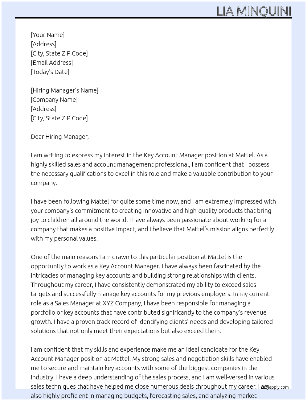 Key Account Manager At Mattel Cover Letter