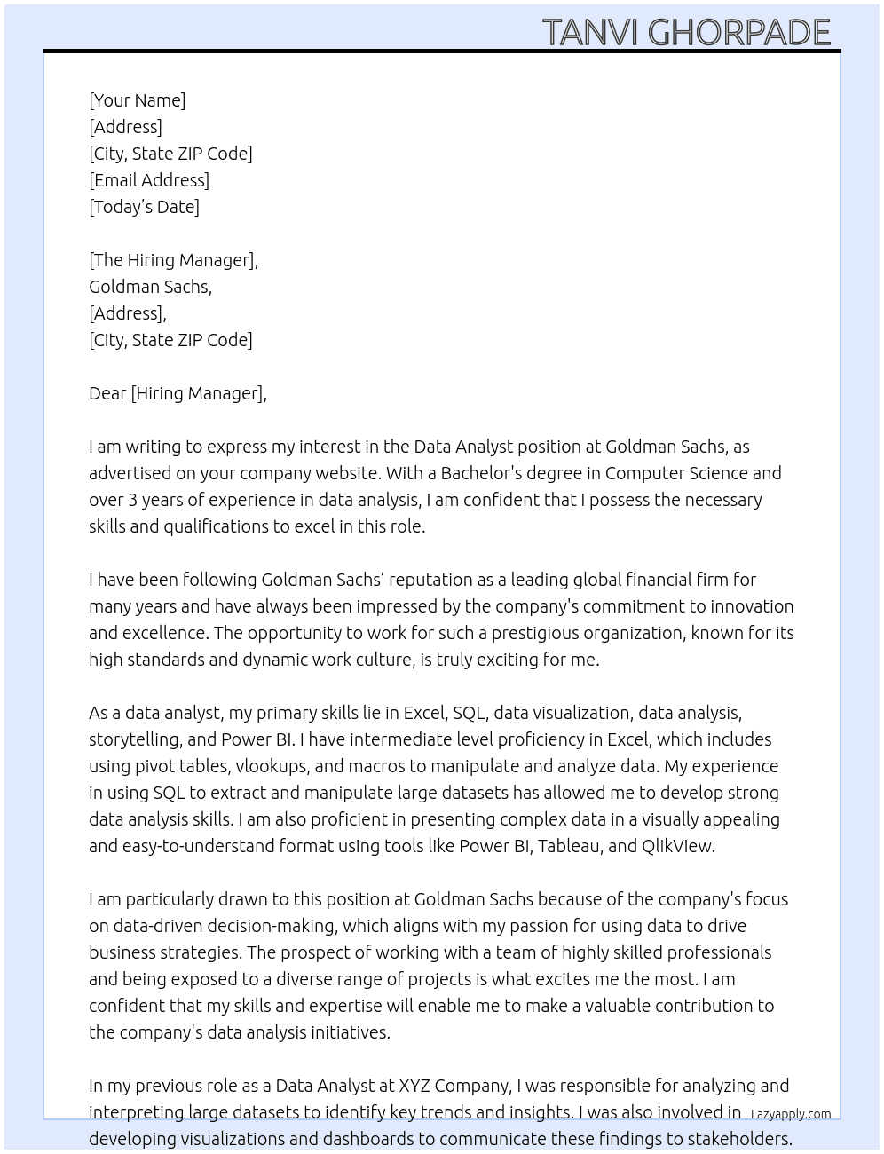 Data Analyst  At Goldmans Sachs Cover Letter