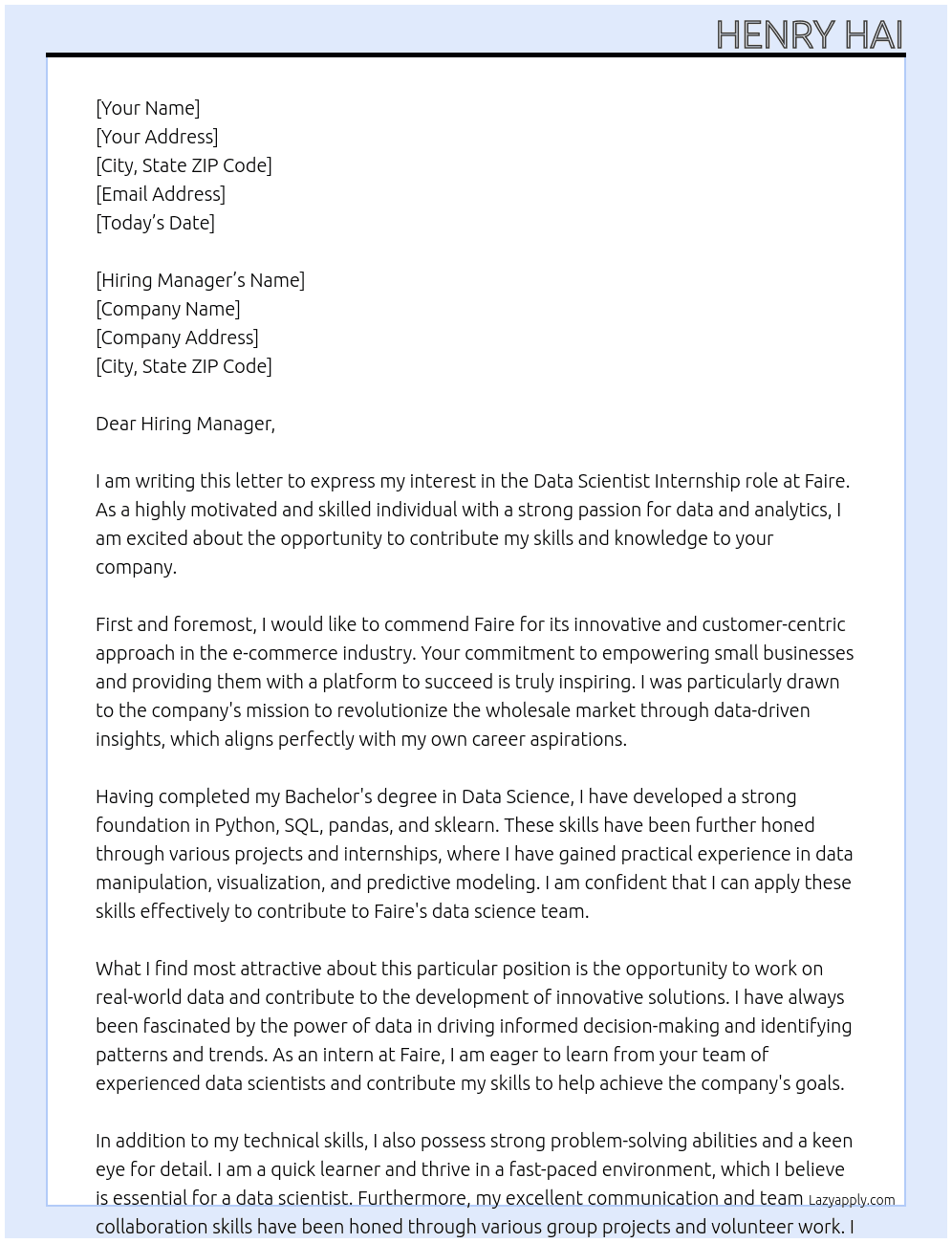 Data Scientist At Faire Cover Letter