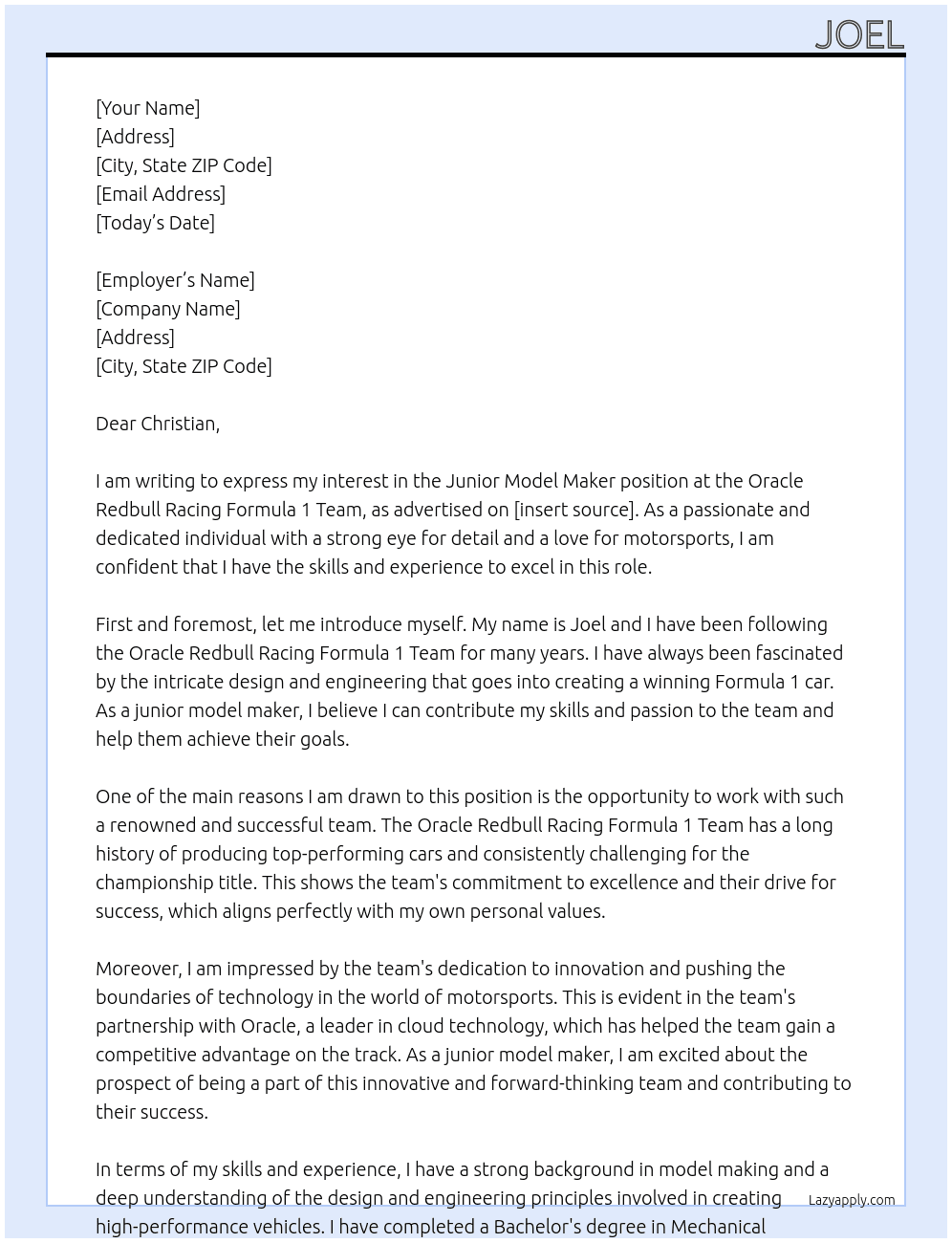 Junior model maker At Oracle Redbull Racing Formula 1 Team Cover Letter