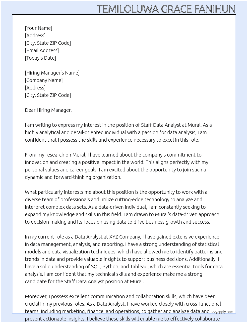 Staff Data Analyst At Mural  Cover Letter
