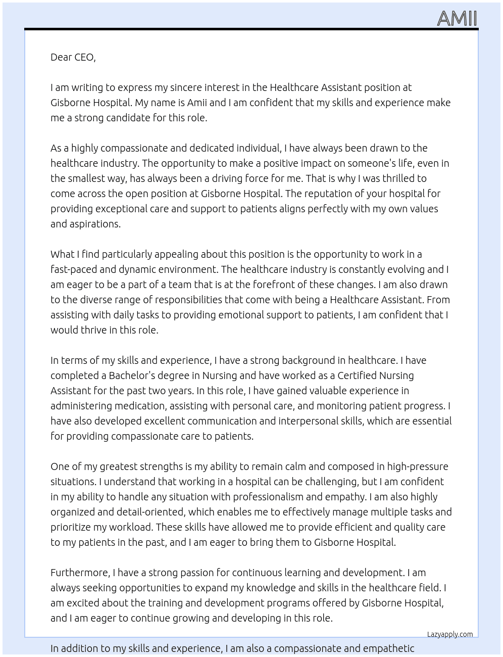 Healthcare Assistant At Gisborne hospital Cover Letter