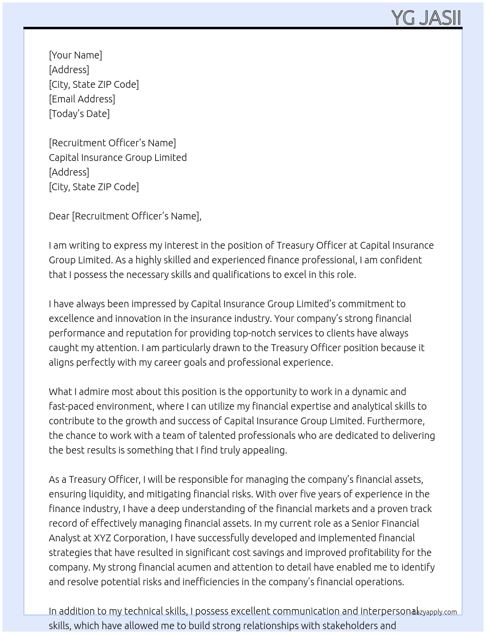 Treasury Officer At Capital Insurance Group Limited Cover Letter