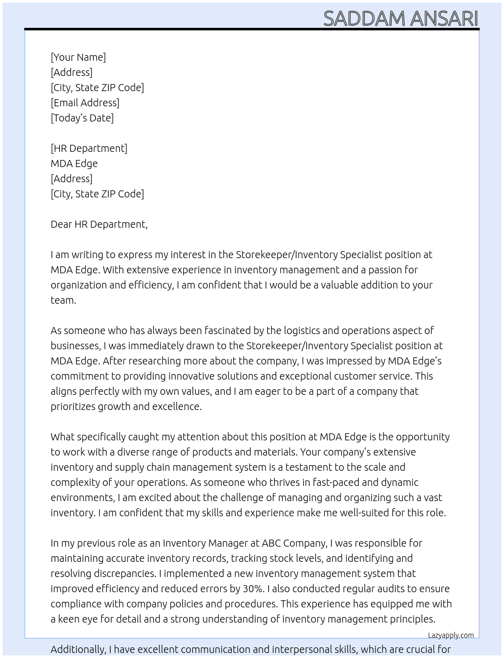Storekeeper/ Inventory Specialist At MDA Edge Cover Letter