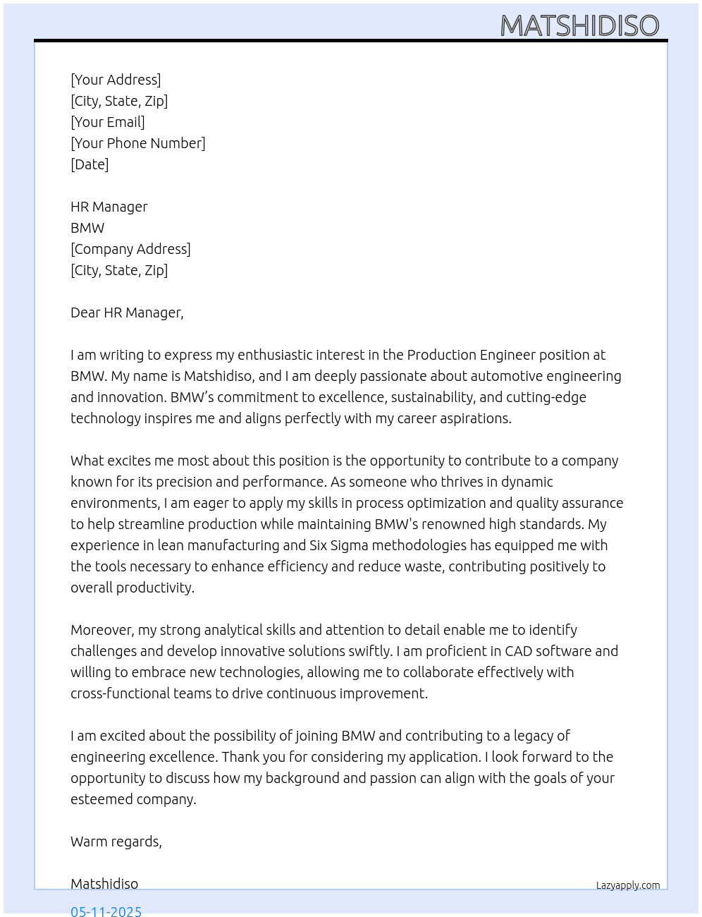 Production engineer  At BMW Cover Letter