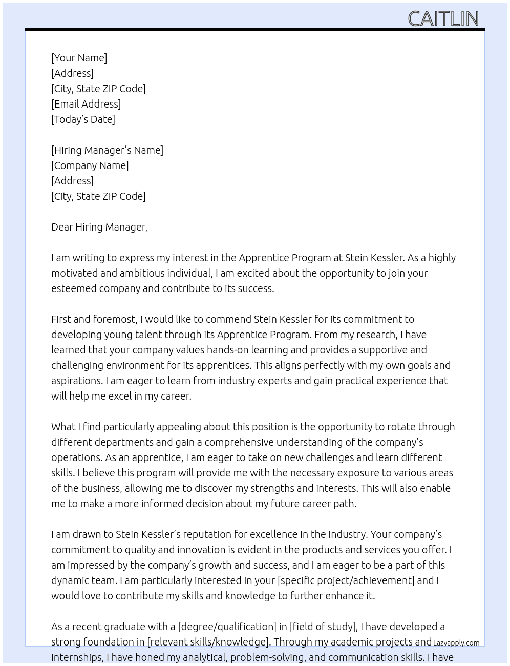 Apprenctice Program At Stein Kessler  Cover Letter