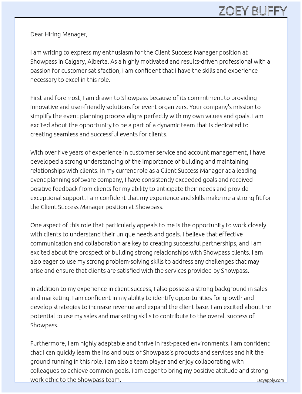 Client Success Manager At Showpass Cover Letter