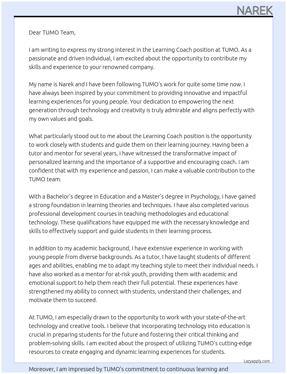 Learning Coach At TUMO Cover Letter