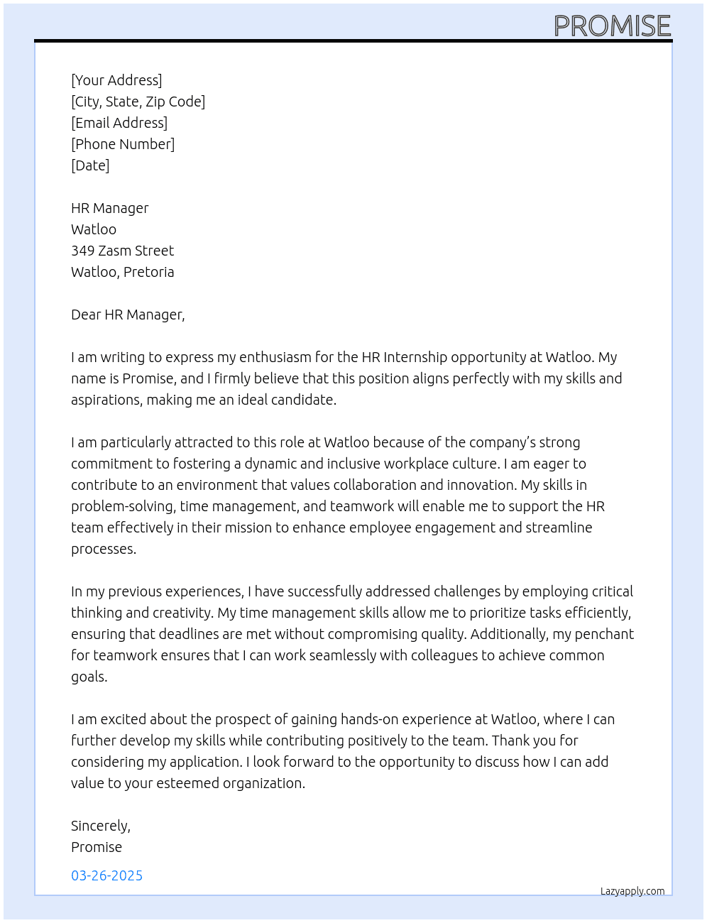 HR Internship At Watloo, Pretoria Cover Letter