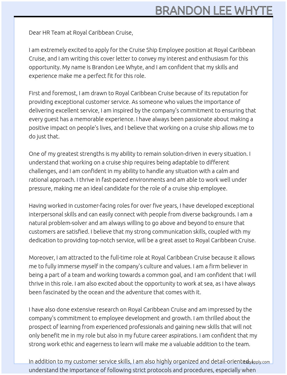 cruise ship employee At Royal Carribean Cruise Cover Letter