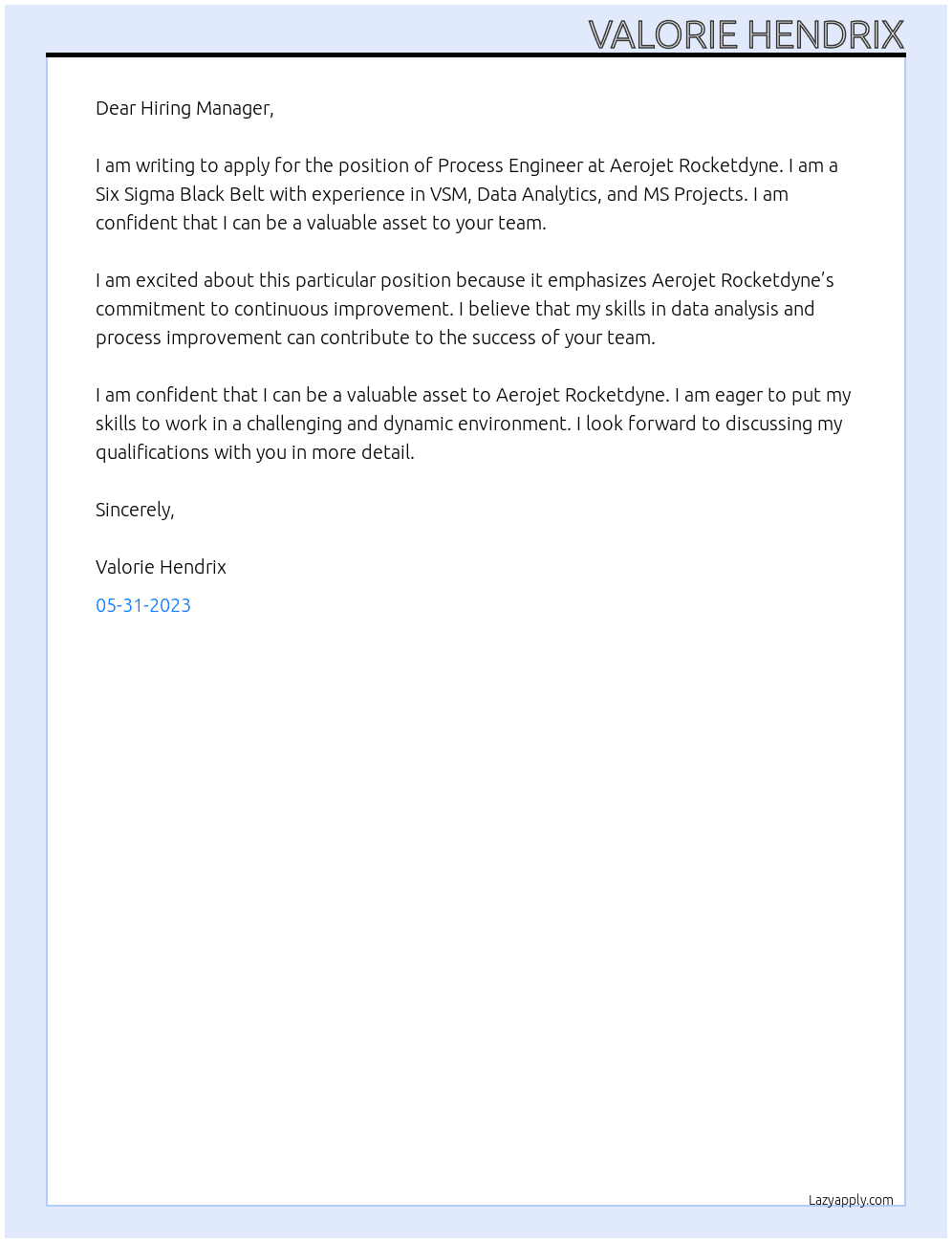 Process Engineer At Aerojet Rocketdyne Cover Letter