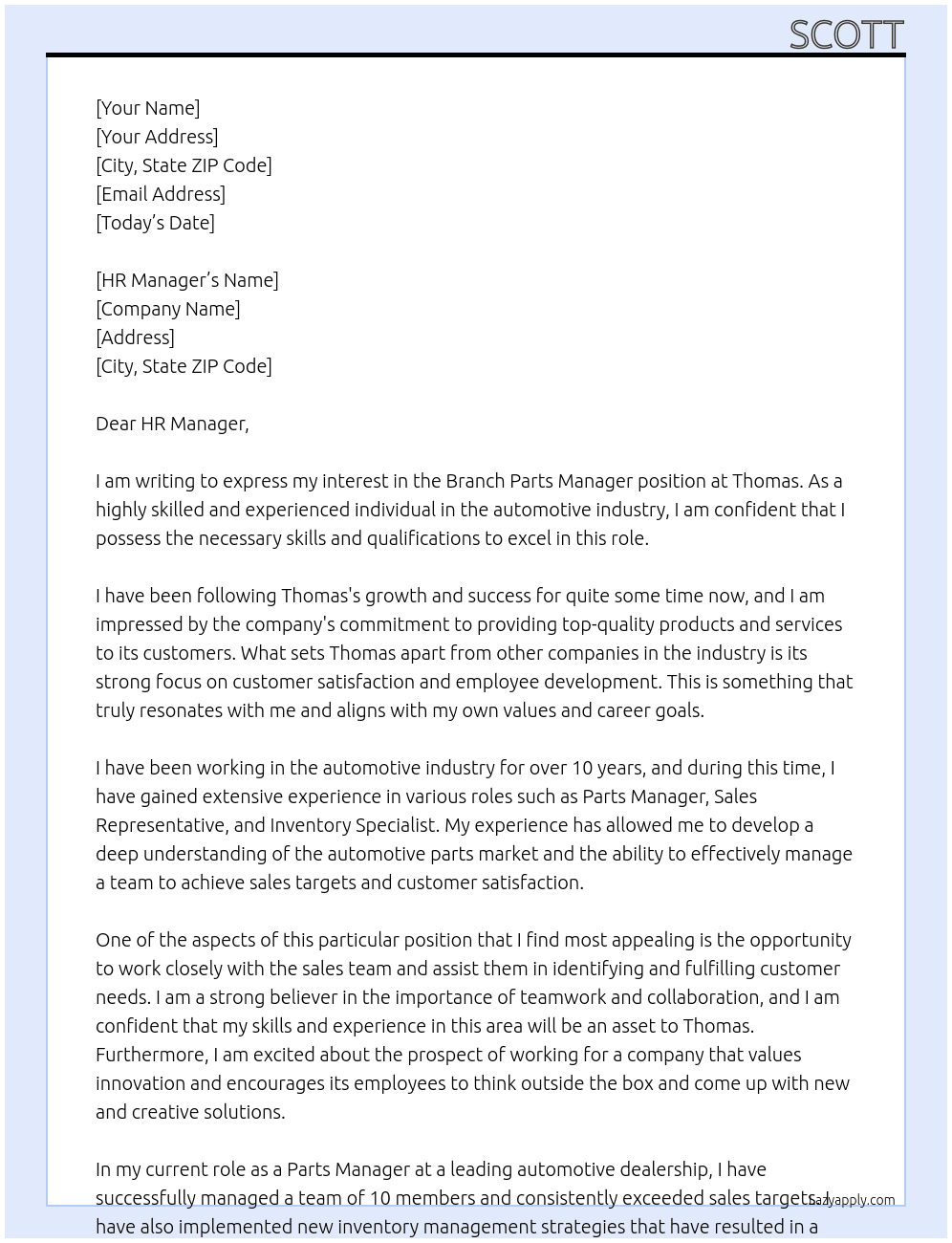 Branch parts manager  At Thomas Cover Letter