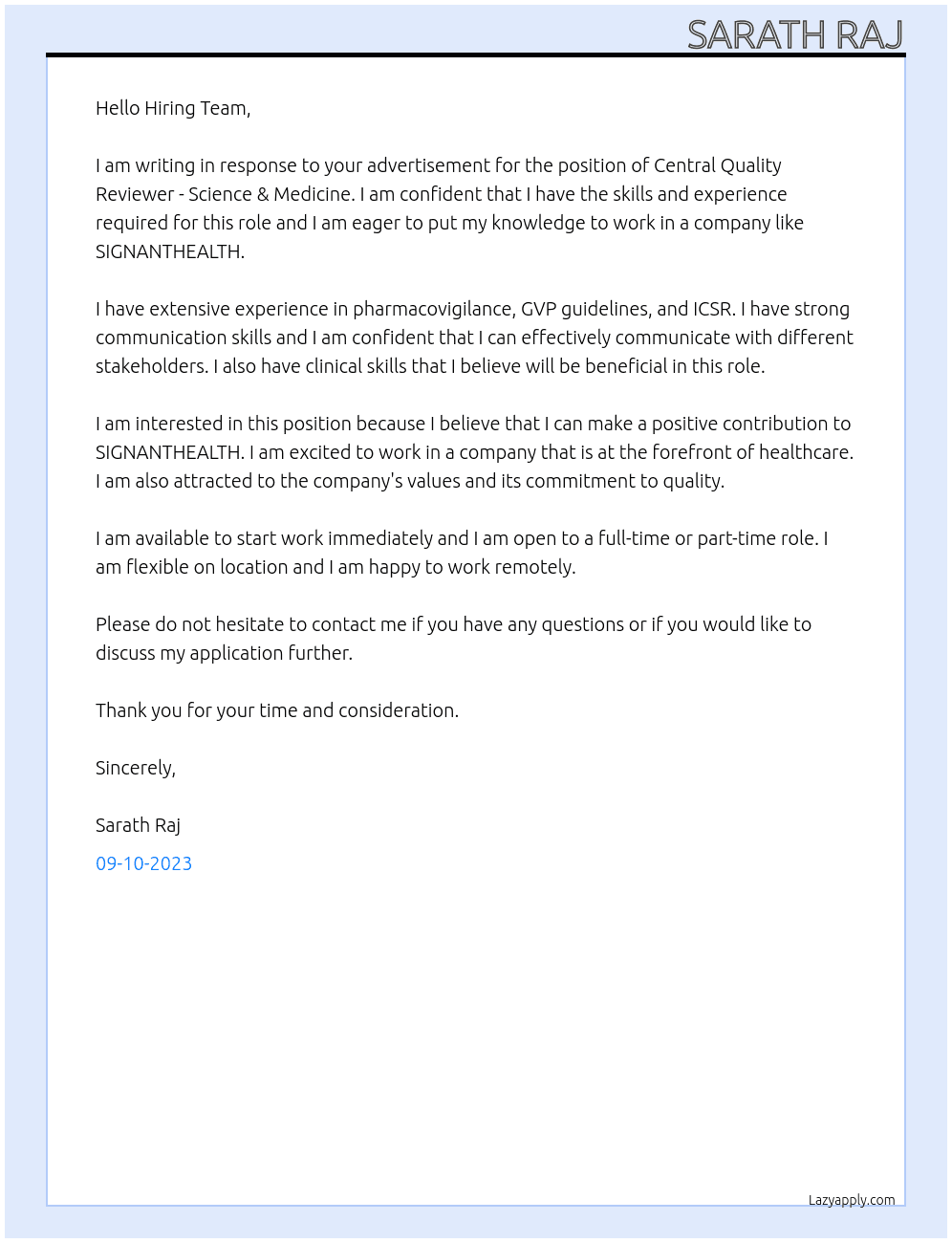 Central Quality Reviewer - Science & Medicine At SIGNANTHEALTH  Cover Letter