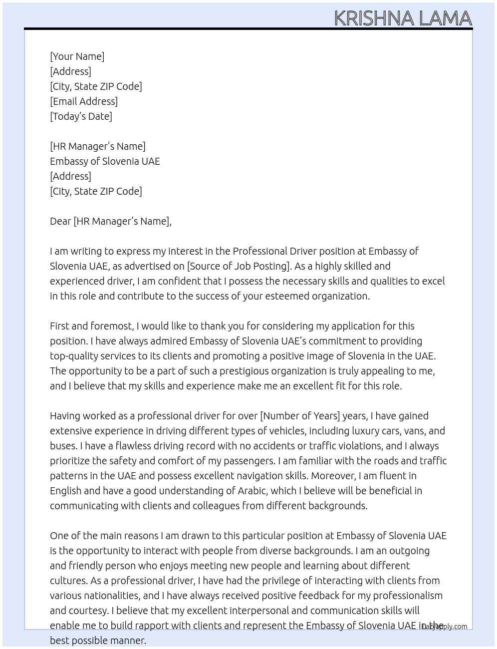 Professional driver At Embassy of slovenia UAE Cover Letter