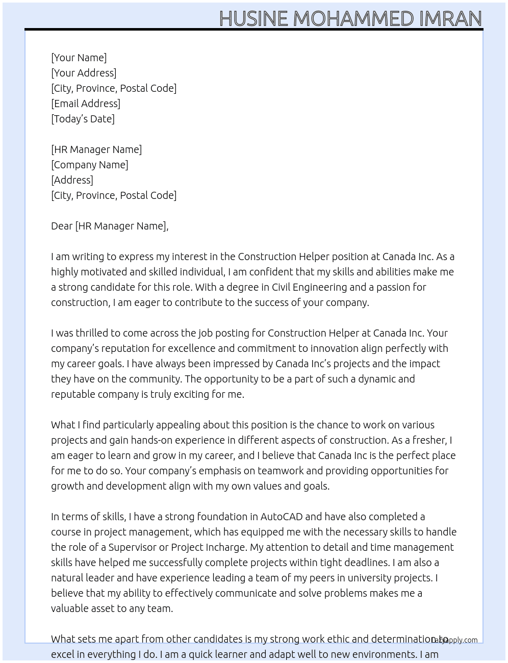 Construction Helper  At Canada Inc  Cover Letter