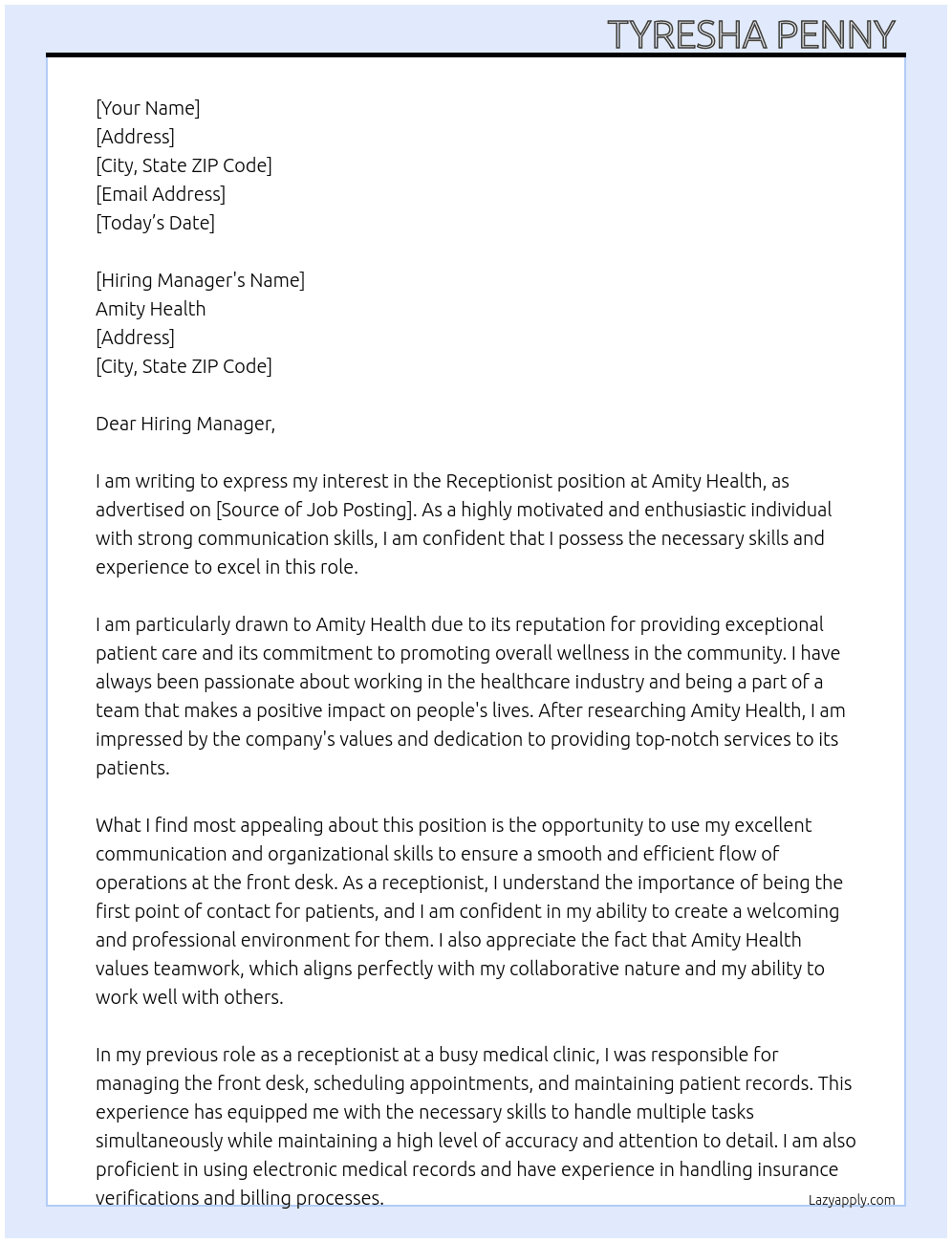 Receptionist  At Amity health  Cover Letter
