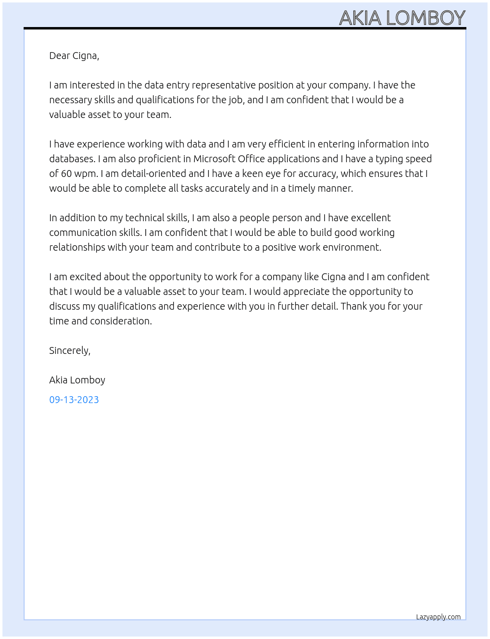 Data entry representative At Cigna Cover Letter
