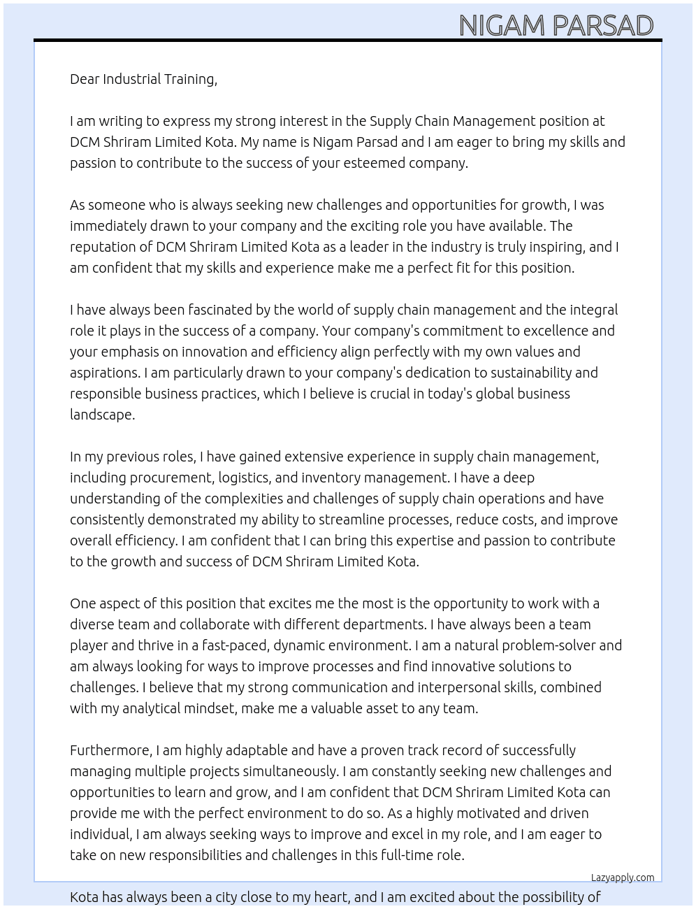 Supply chain management  At Dcm shriram limited kota Cover Letter