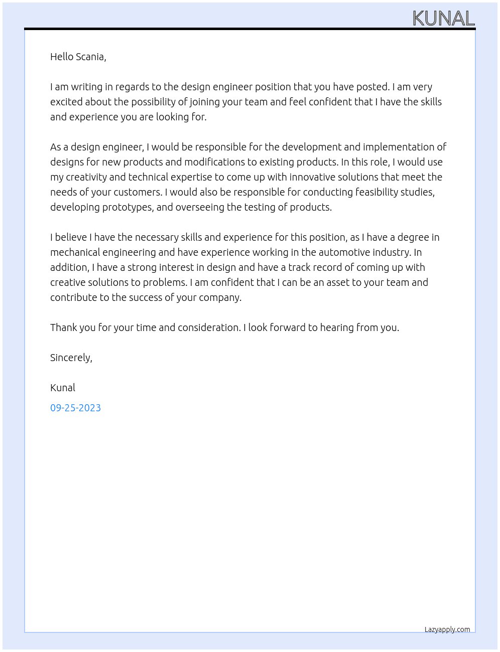 Design engineer At Scania Cover Letter