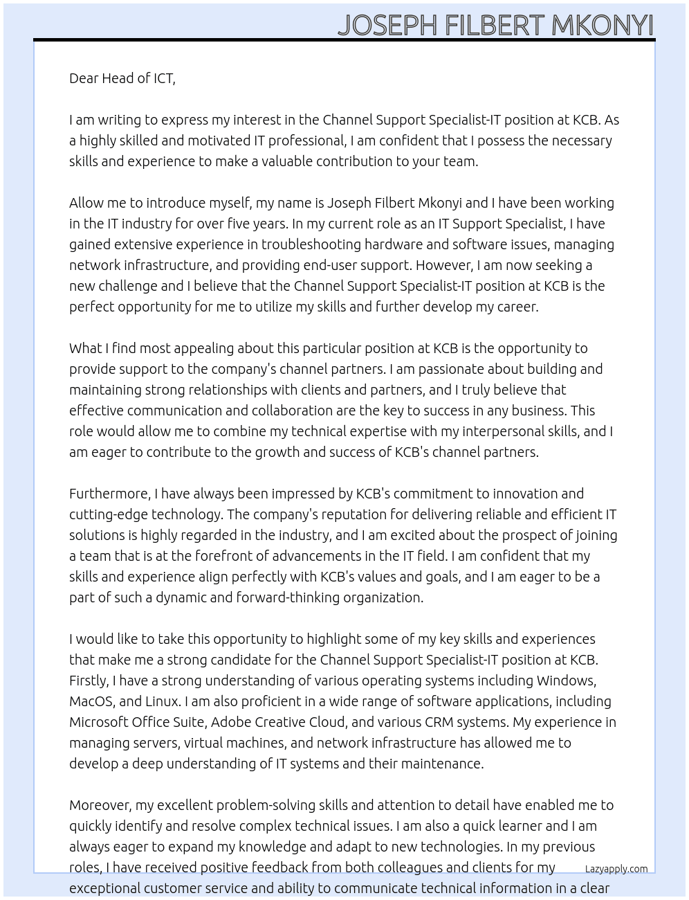 channel support specialist-IT At kcb Cover Letter