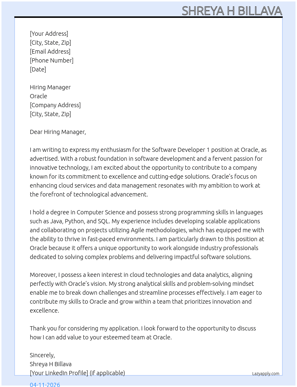 Cover letter for software developer 1 - LazyApply