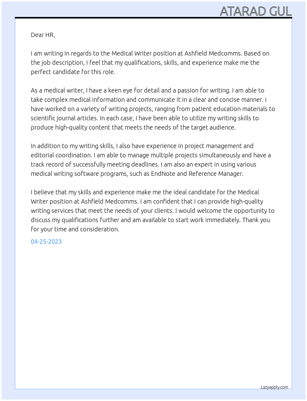 Medical Writer At Ashfield Medcomms Cover Letter