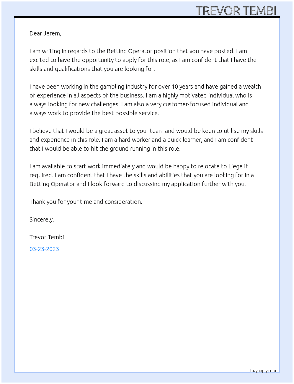 Betting operator  At Gamming 1 Cover Letter