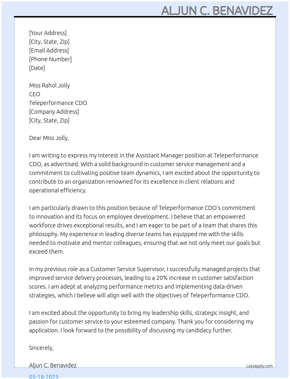 Assistant Manager  At Teleperformance CDO Cover Letter